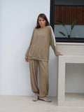 Kadın Oversize Kolları ve Yanları Şeritli Oysho Kumaş İkili Eşofman Takımı 9155 - Haki