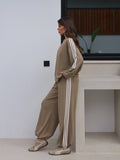 Kadın Oversize Kolları ve Yanları Şeritli Oysho Kumaş İkili Eşofman Takımı 9155 - Haki