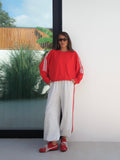 Kadın Oversize Kolları ve Yanları Şeritli Oysho Kumaş İkili Eşofman Takımı 9155 - Kırmızı/Ekru
