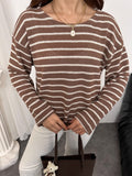 Kadın Bisiklet Yaka Çizgili Oversize Triko Kazak 8955 - Kahverengi