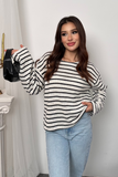 Kadın Bisiklet Yaka Çizgili Oversize Triko Kazak 8955 - Beyaz