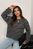 Kadın Bisiklet Yaka Çizgili Oversize Triko Kazak 8955 - Siyah