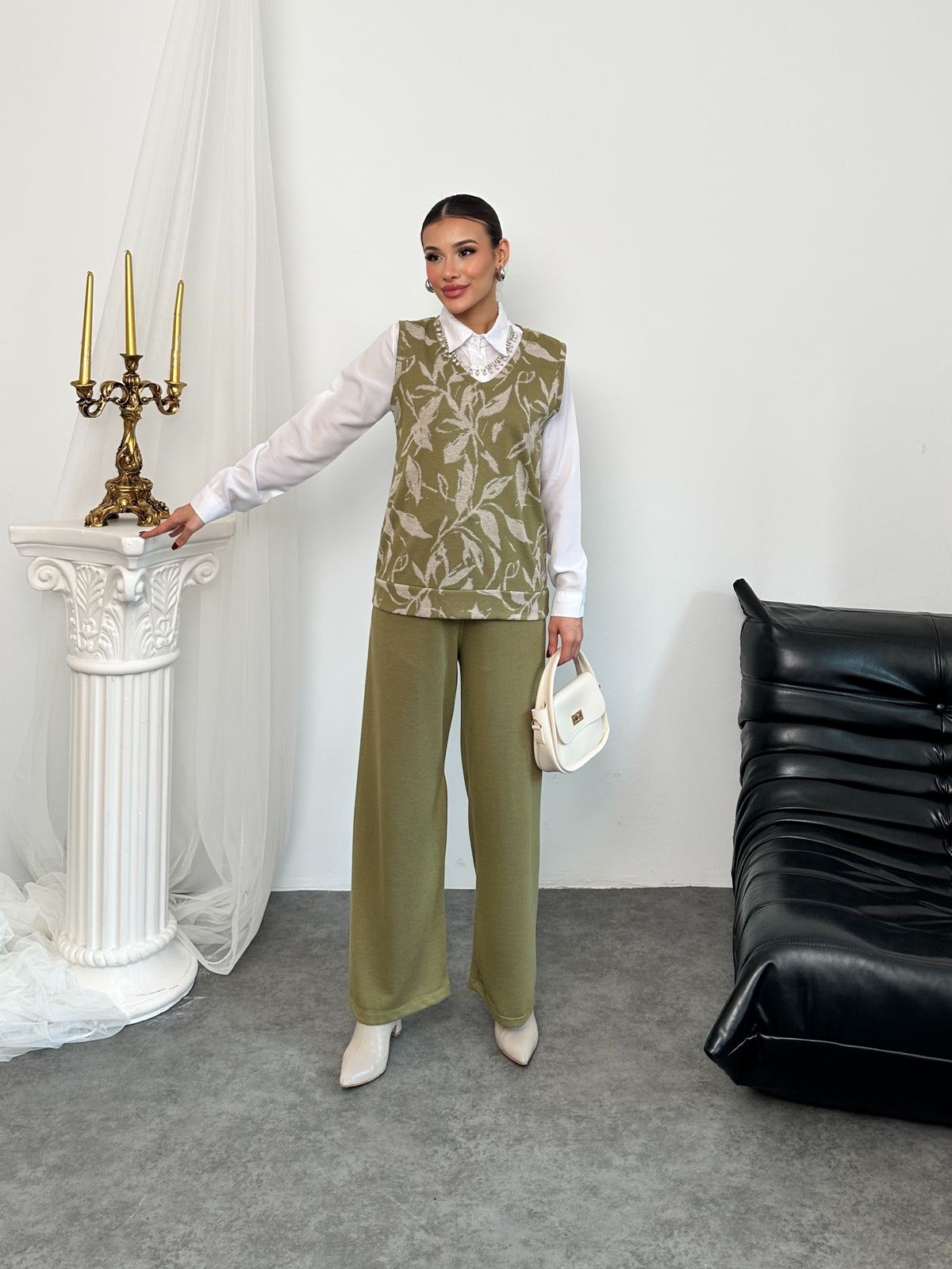 İnci Kolye Detaylı Süveterli ve Gömlekli Üçlü Takım Haki - 5009