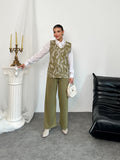 İnci Kolye Detaylı Süveterli ve Gömlekli Üçlü Takım Haki - 5009