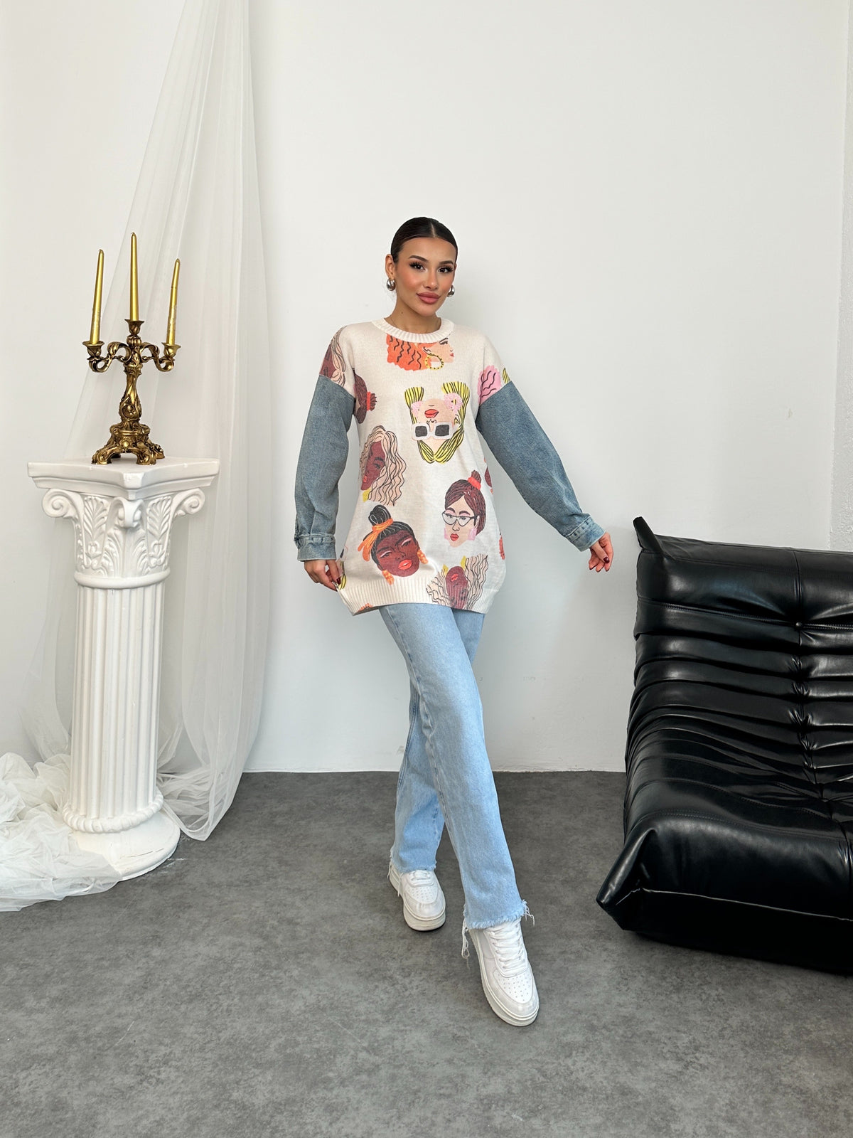 HatunAtila Desenli Bisiklet Yaka Kot Kollu Uzun Kazak - 4770-4