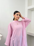 Kadın Oversize Dik Yaka Yandan Derin Yırtmaçlı Bürümcük Dokulu Uzun Tunik Elbise 9111 - Pembe