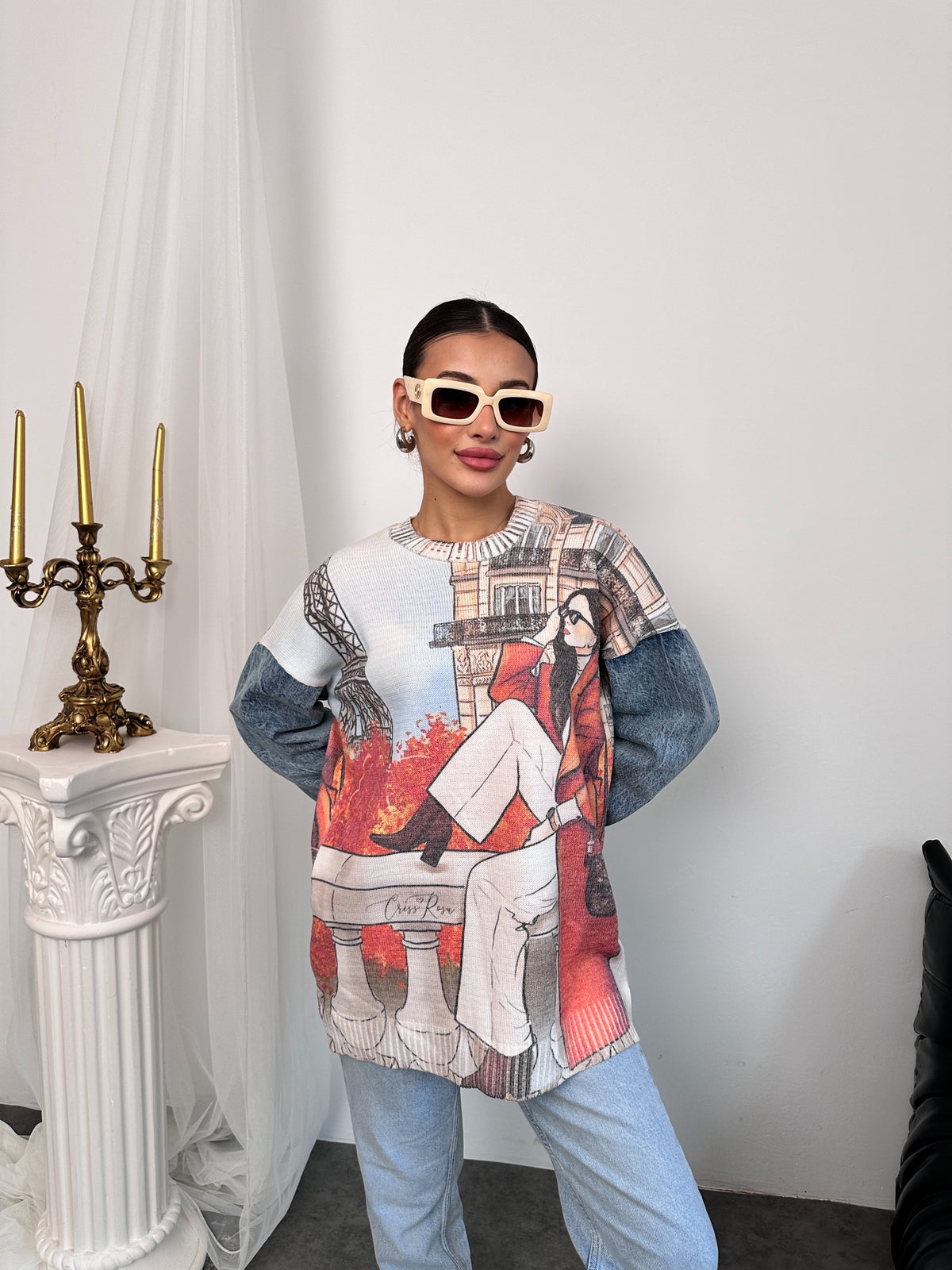 HatunAtila Desenli Bisiklet Yaka Kot Kollu Uzun Kazak - 4770-7