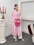 Kadın V Yaka Belden Bağlamalı Gold Detaylı Geniş Kol Jakarlı Desenli Uzun Kimono 9088 - Pembe
