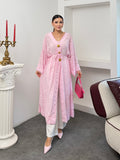 Kadın V Yaka Belden Bağlamalı Gold Detaylı Geniş Kol Jakarlı Desenli Uzun Kimono 9088 - Pembe