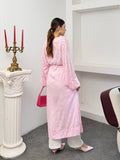 Kadın V Yaka Belden Bağlamalı Gold Detaylı Geniş Kol Jakarlı Desenli Uzun Kimono 9088 - Pembe