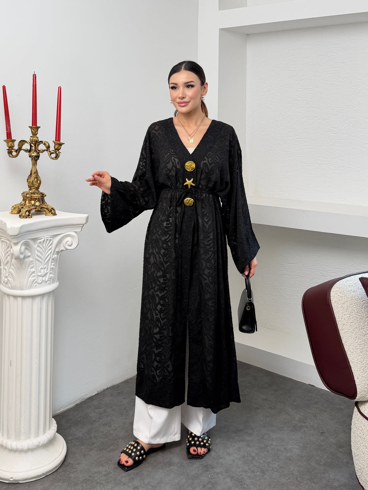 Kadın V Yaka Belden Bağlamalı Gold Detaylı Geniş Kol Jakarlı Desenli Uzun Kimono 9088 - Siyah