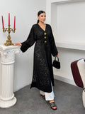 Kadın V Yaka Belden Bağlamalı Gold Detaylı Geniş Kol Jakarlı Desenli Uzun Kimono 9088 - Siyah