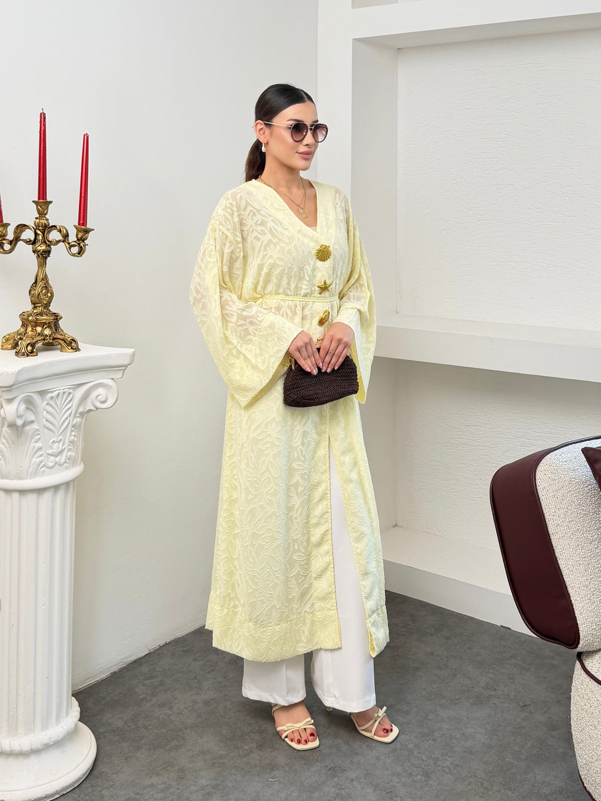 Kadın V Yaka Belden Bağlamalı Gold Detaylı Geniş Kol Jakarlı Desenli Uzun Kimono 9088 - Sarı