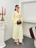 Kadın V Yaka Belden Bağlamalı Gold Detaylı Geniş Kol Jakarlı Desenli Uzun Kimono 9088 - Sarı