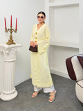 Kadın V Yaka Belden Bağlamalı Gold Detaylı Geniş Kol Jakarlı Desenli Uzun Kimono 9088 - Sarı