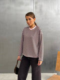 Çizgili Oversize Bisiklet Yaka Sweatshirt Lila- 27210