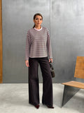 Çizgili Oversize Bisiklet Yaka Sweatshirt Lila- 27210