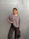 Çizgili Oversize Bisiklet Yaka Sweatshirt Lila- 27210