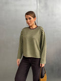 Çizgili Oversize Bisiklet Yaka Sweatshirt Yeşil-27210