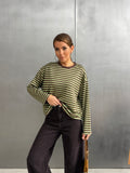 Çizgili Oversize Bisiklet Yaka Sweatshirt Yeşil-27210