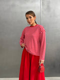 Çizgili Oversize Bisiklet Yaka Sweatshirt Pembe - 27210