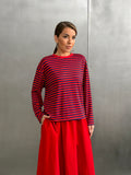 Çizgili Oversize Bisiklet Yaka Sweatshirt Kırmızı Lacivert- 27210