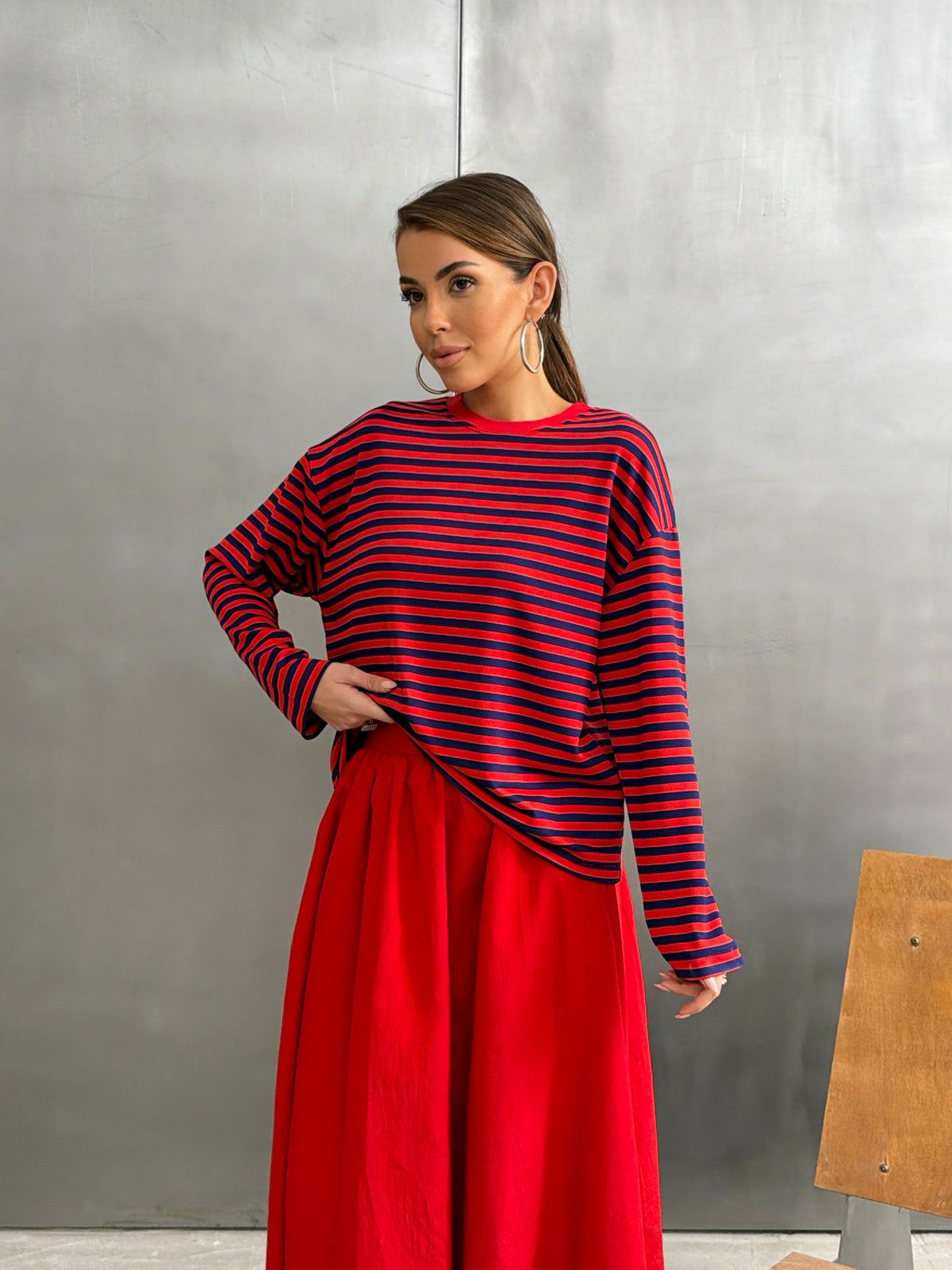 Çizgili Oversize Bisiklet Yaka Sweatshirt Kırmızı Lacivert- 27210