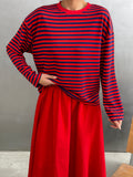 Çizgili Oversize Bisiklet Yaka Sweatshirt Kırmızı Lacivert- 27210