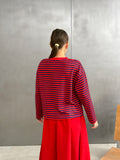 Çizgili Oversize Bisiklet Yaka Sweatshirt Kırmızı Lacivert- 27210