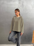Çizgili Oversize Bisiklet Yaka Sweatshirt 27210 - Bej