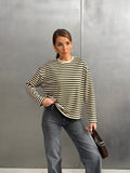 Çizgili Oversize Bisiklet Yaka Sweatshirt 27210 - Bej