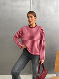Çizgili Oversize Bisiklet Yaka Sweatshirt Pembe - 27210