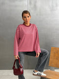 Çizgili Oversize Bisiklet Yaka Sweatshirt Pembe - 27210