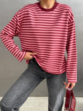 Çizgili Oversize Bisiklet Yaka Sweatshirt Pembe - 27210