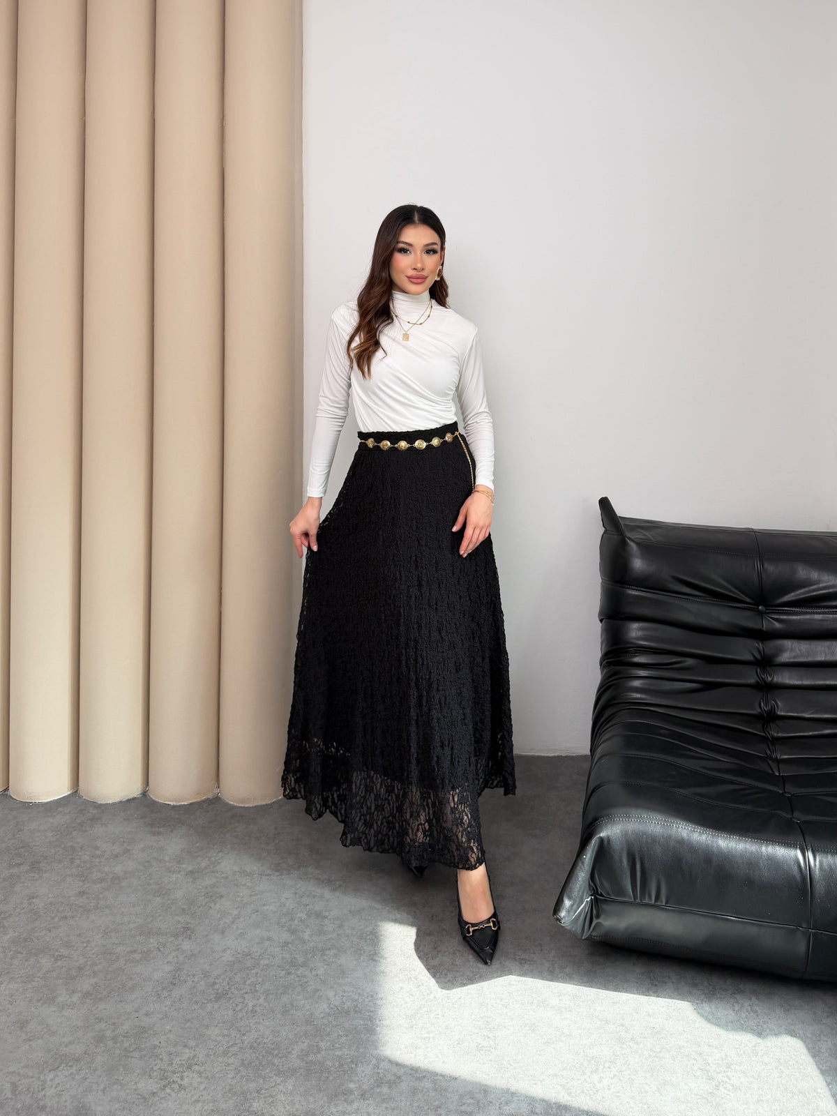 Siyah Beli Lastikli A Kesim Ajurlu Astarlı Kloş Dantel Etek 5279