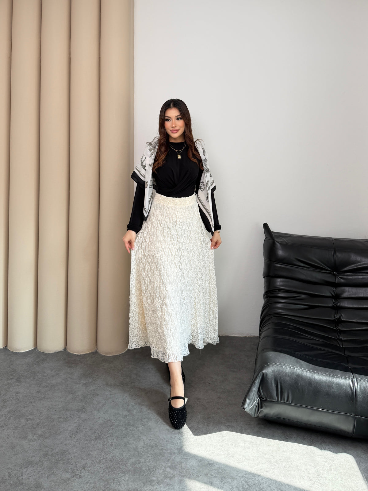 Beyaz Beli Lastikli A Kesim Ajurlu Astarlı Kloş Dantel Etek 5279