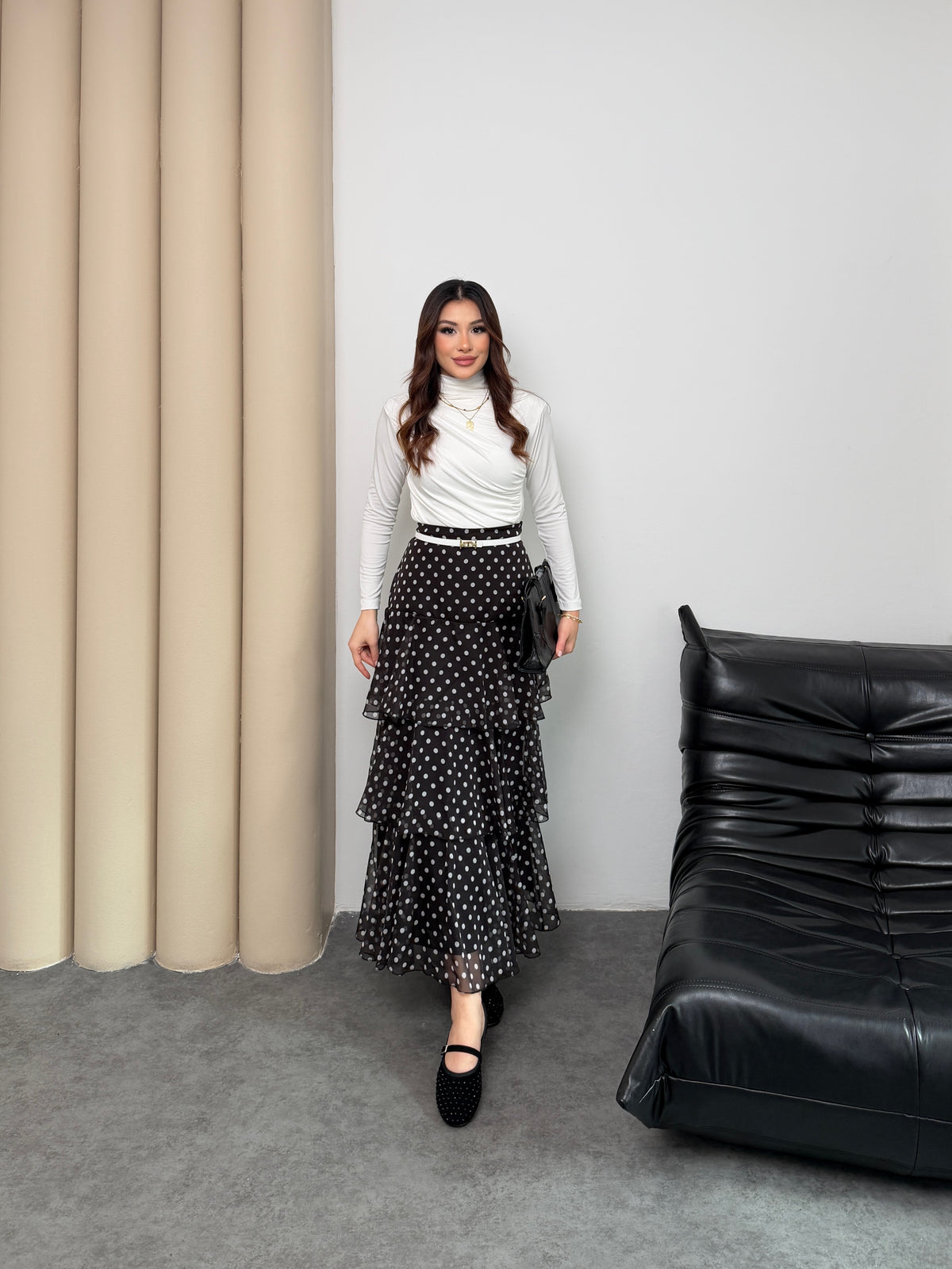 Siyah Astarlı Puantiyeli Kat Kat Fırfırlı Şifon Maxi Etek 5295