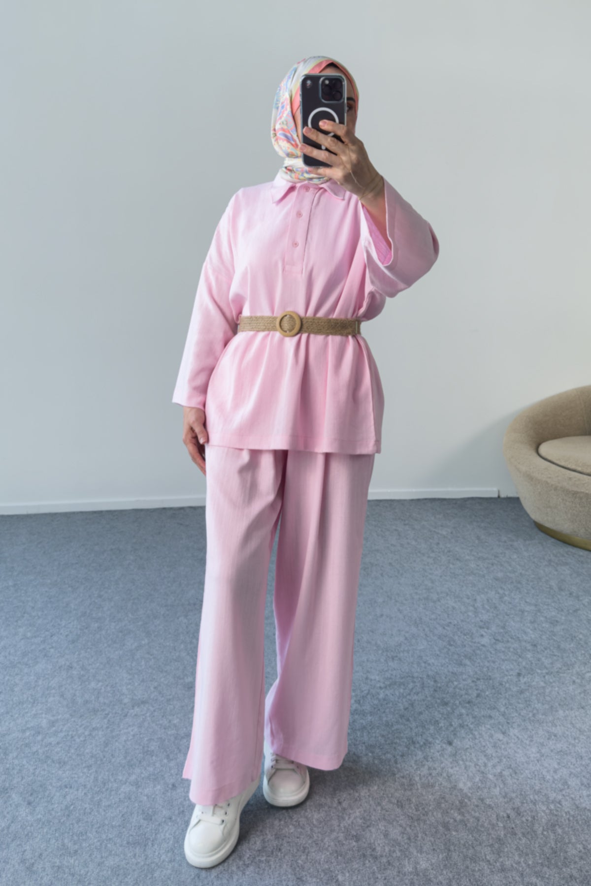 Yakası Düğmeli Kemerli Pantolonlu İkili Takım 5207 - Pembe
