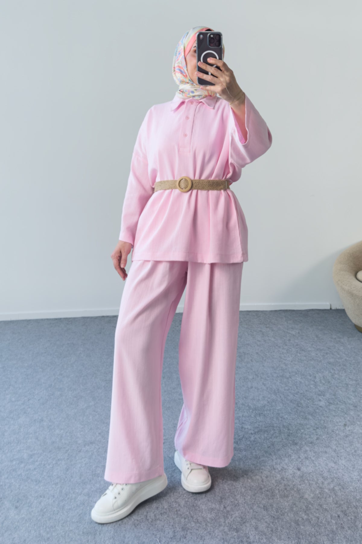 Yakası Düğmeli Kemerli Pantolonlu İkili Takım 5207 - Pembe