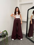 Kadın Tensel Modal Kumaş Pelerinli Geniş Paça Palazzo Pantolon 9069 - Mürdüm