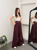 Kadın Tensel Modal Kumaş Pelerinli Geniş Paça Palazzo Pantolon 9069 - Mürdüm