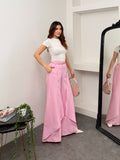 Kadın Tensel Modal Kumaş Pelerinli Geniş Paça Palazzo Pantolon 9069 - Pembe