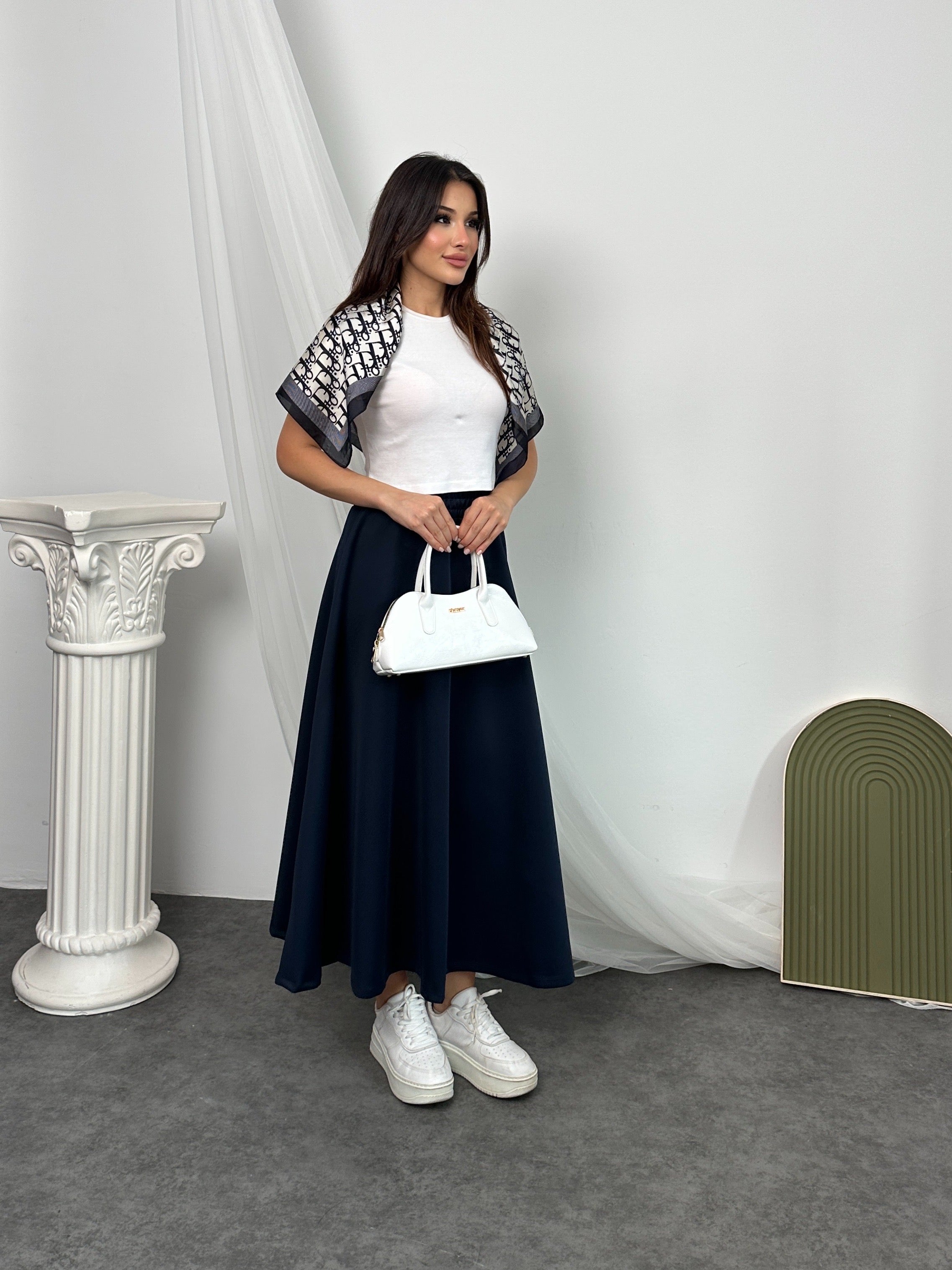 Beli Lastikli Scuba Kumaş Kloş Etek 8936 - Lacivert
