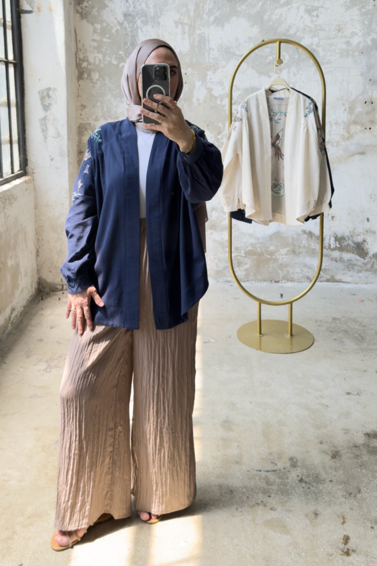 Kuş Nakış Detaylı Oversize Keten Kimono 8822 - Lacivert