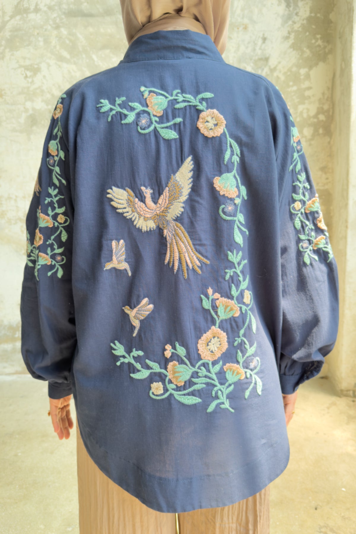 Kuş Nakış Detaylı Oversize Keten Kimono 8822 - Lacivert