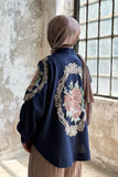 Çiçek Nakış Detaylı Oversize Keten Kimono 8823 - Lacivert