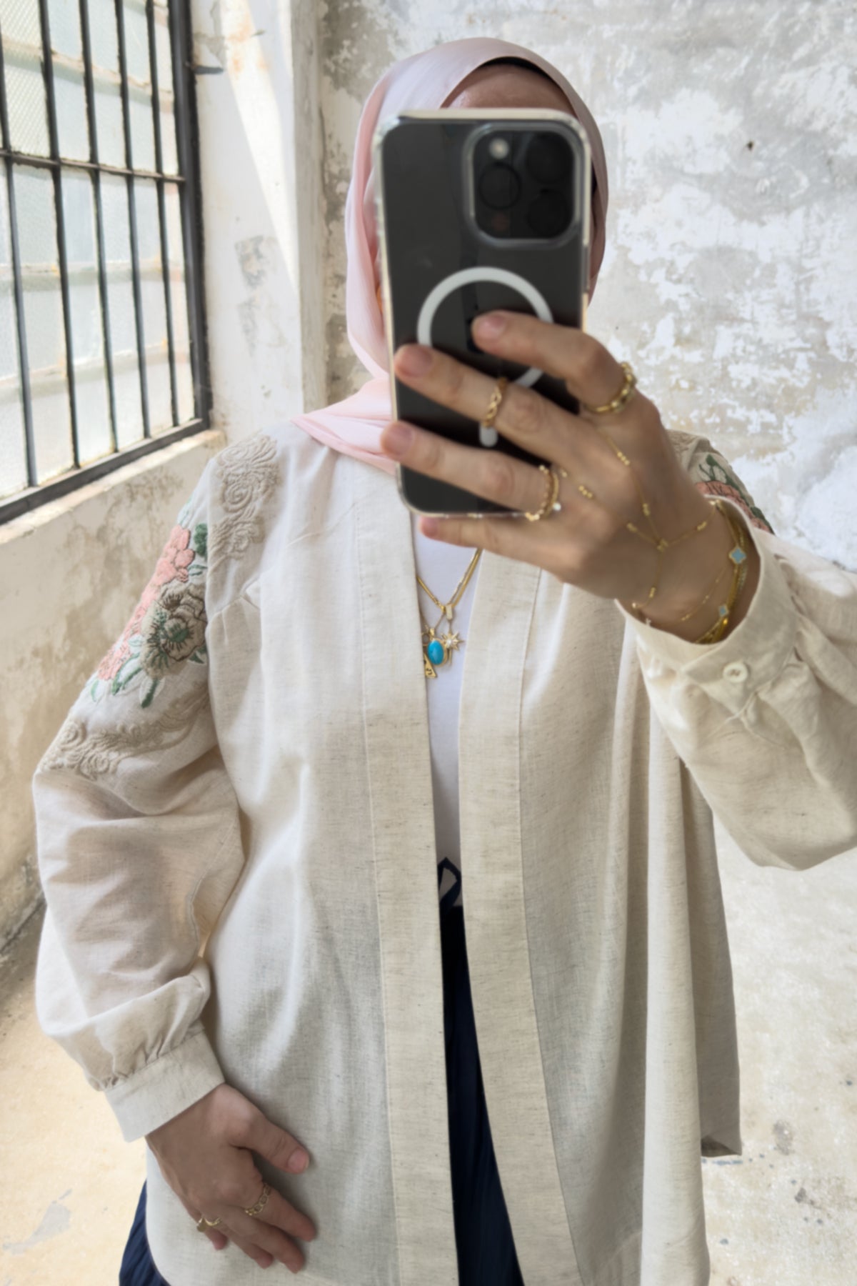 Çiçek Nakış Detaylı Oversize Keten Kimono 8823 - Bej