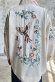 Kuş Nakış Detaylı Oversize Keten Kimono 8822 - Bej