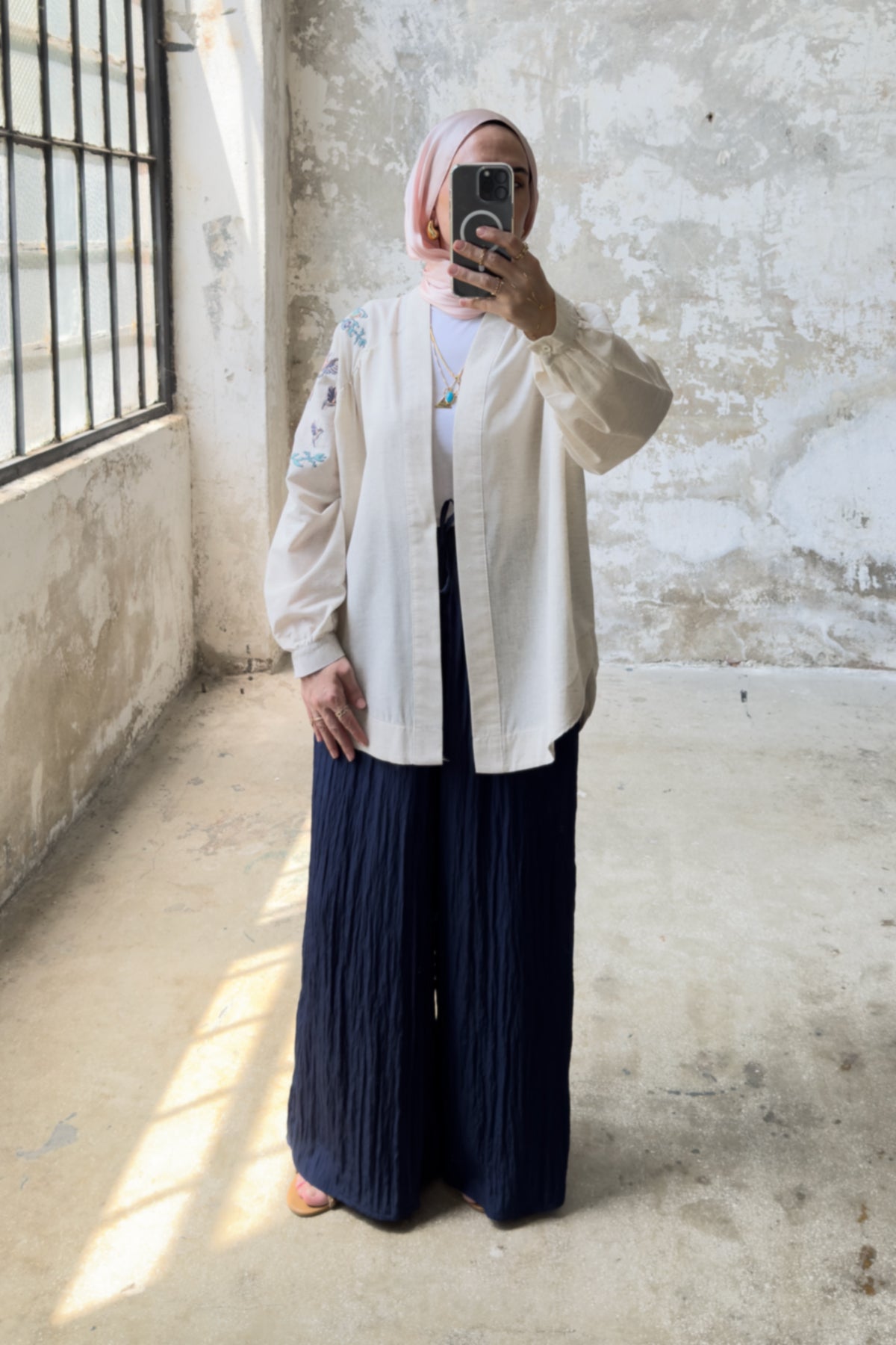 Kuş Nakış Detaylı Oversize Keten Kimono 8822 - Bej