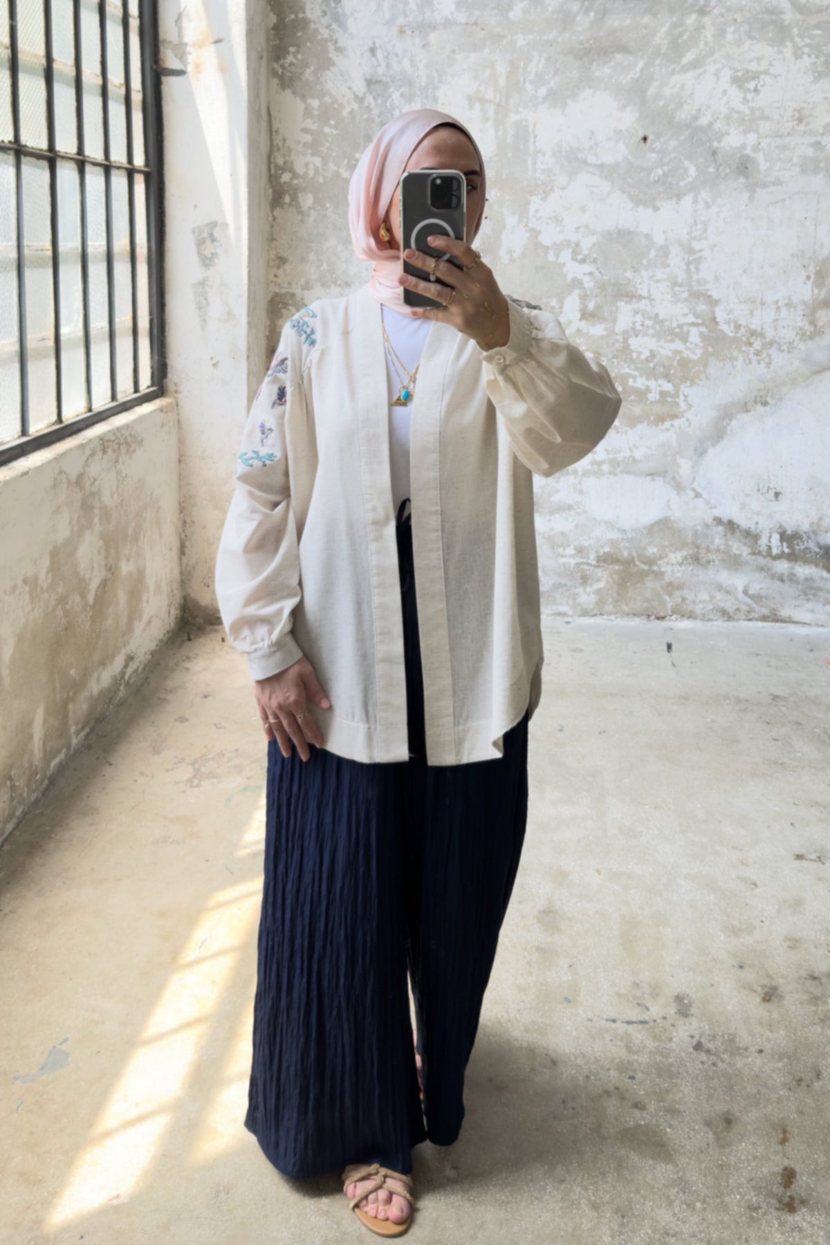 Kuş Nakış Detaylı Oversize Keten Kimono 8822 - Bej